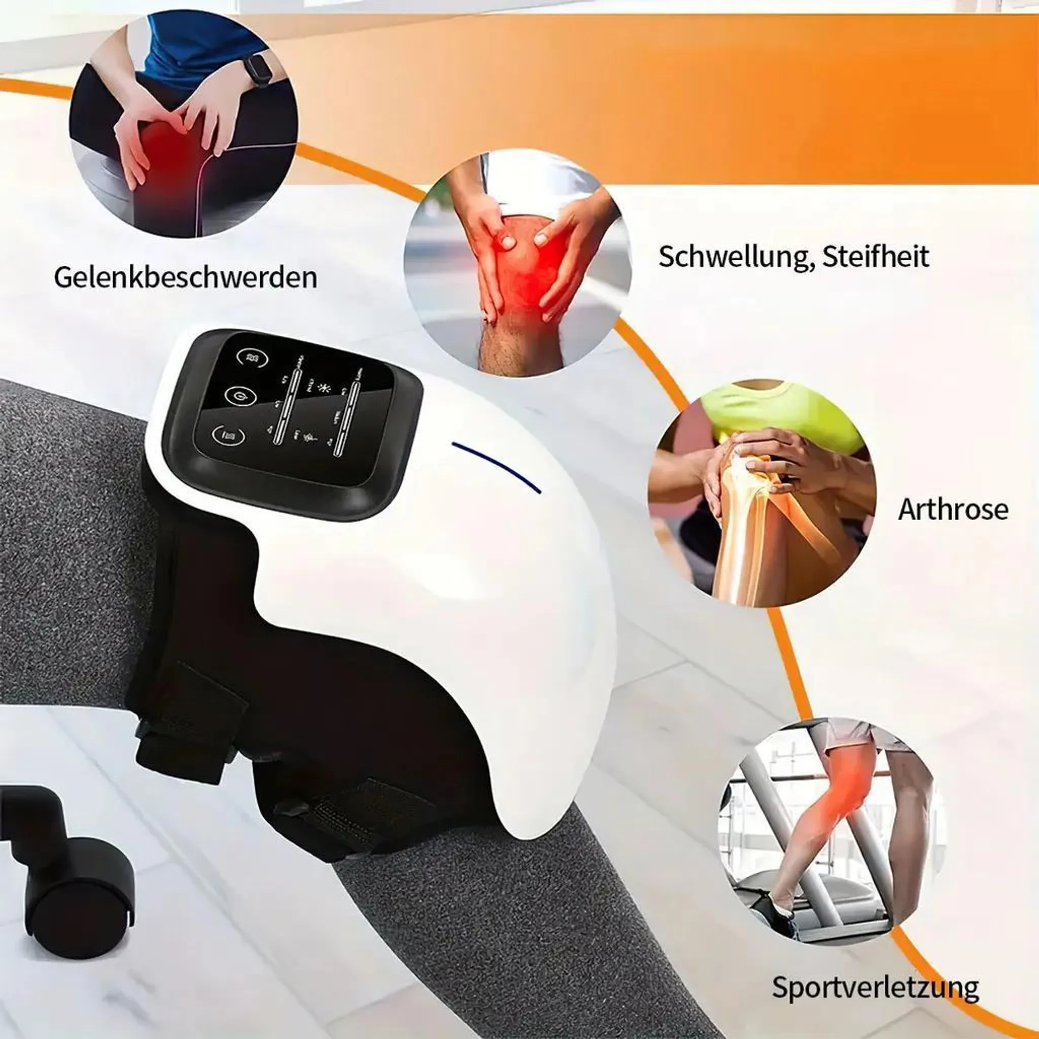 Weißes Knie-Massagegerät mit Display, verbunden mit kleinen Kreisen, die Knieschmerzen zeigen.