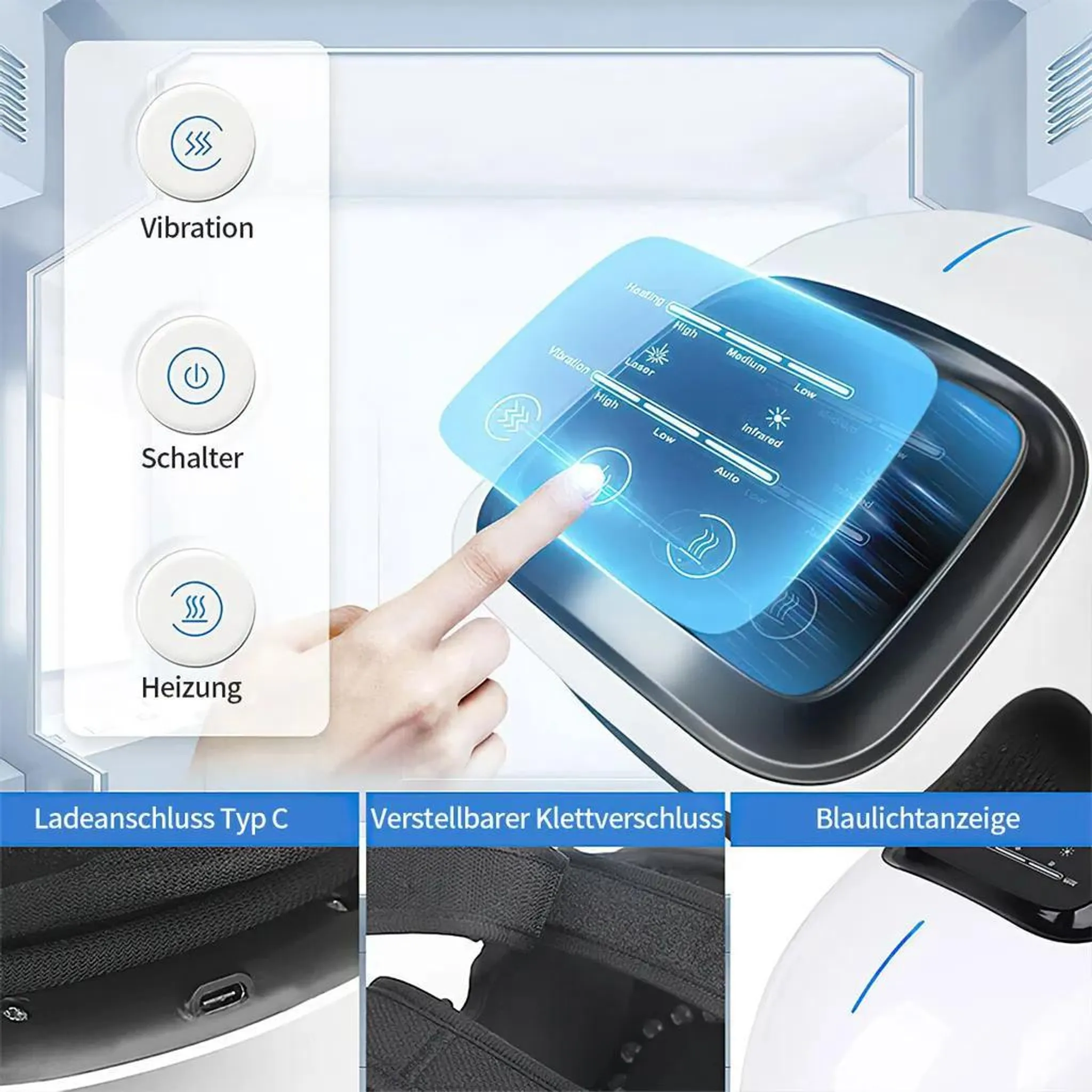Ein technisches Gerät mit Touchscreen und Tasten für Vibration, Schalter und Heizung.