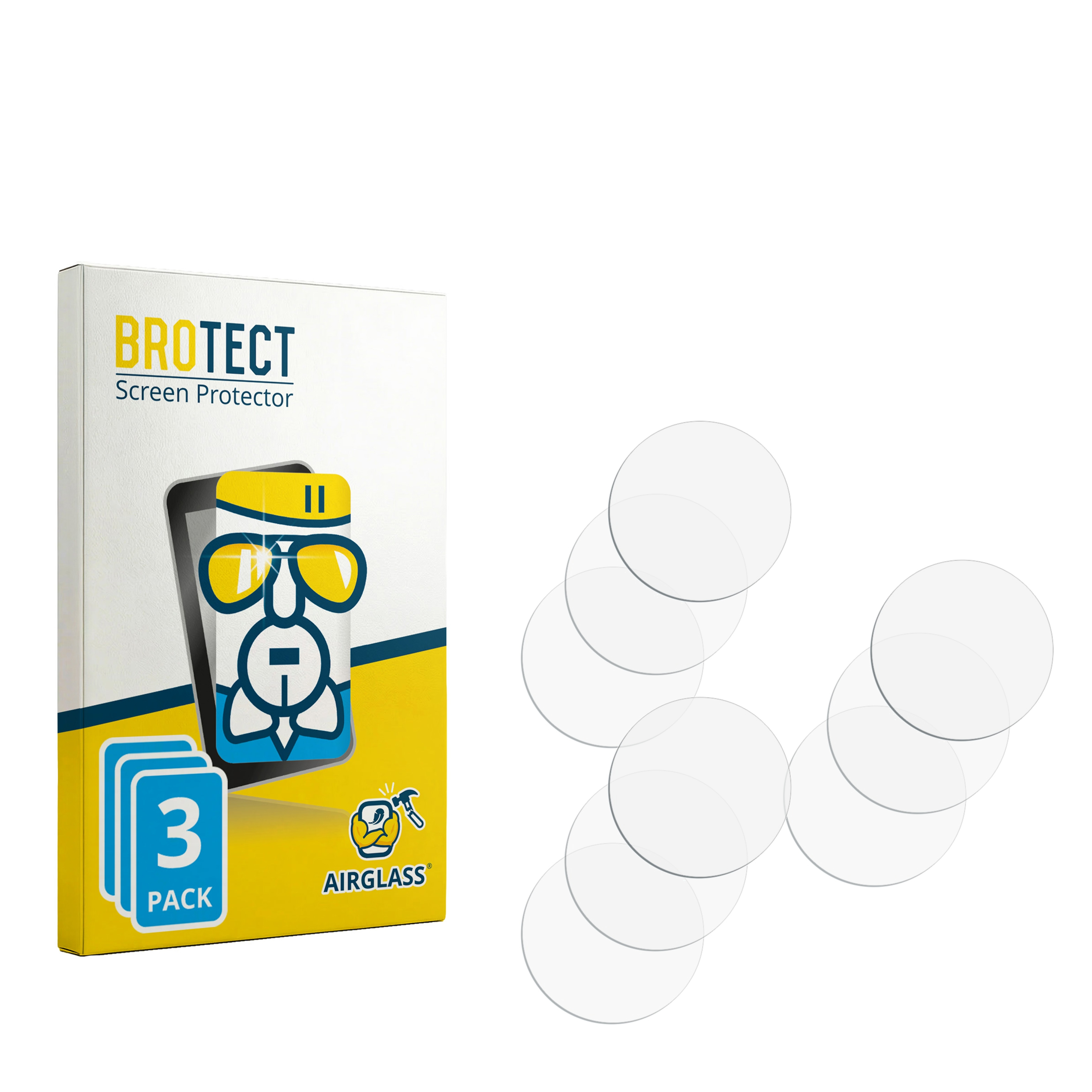 BROTECT AirGlass Displayschutzfolie Verpackung mit mehreren runden transparenten Schutzfolien daneben.