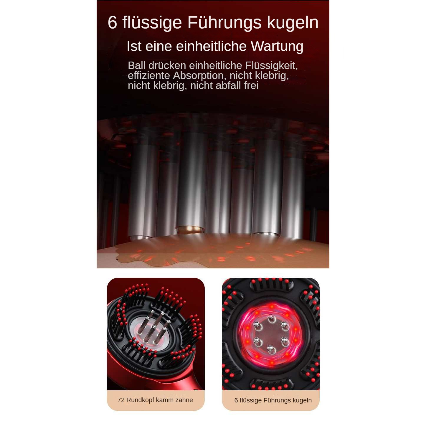 Produktwerbung für Haarpflege mit flüssigen Führungskugeln und 72 Kammzähnen.