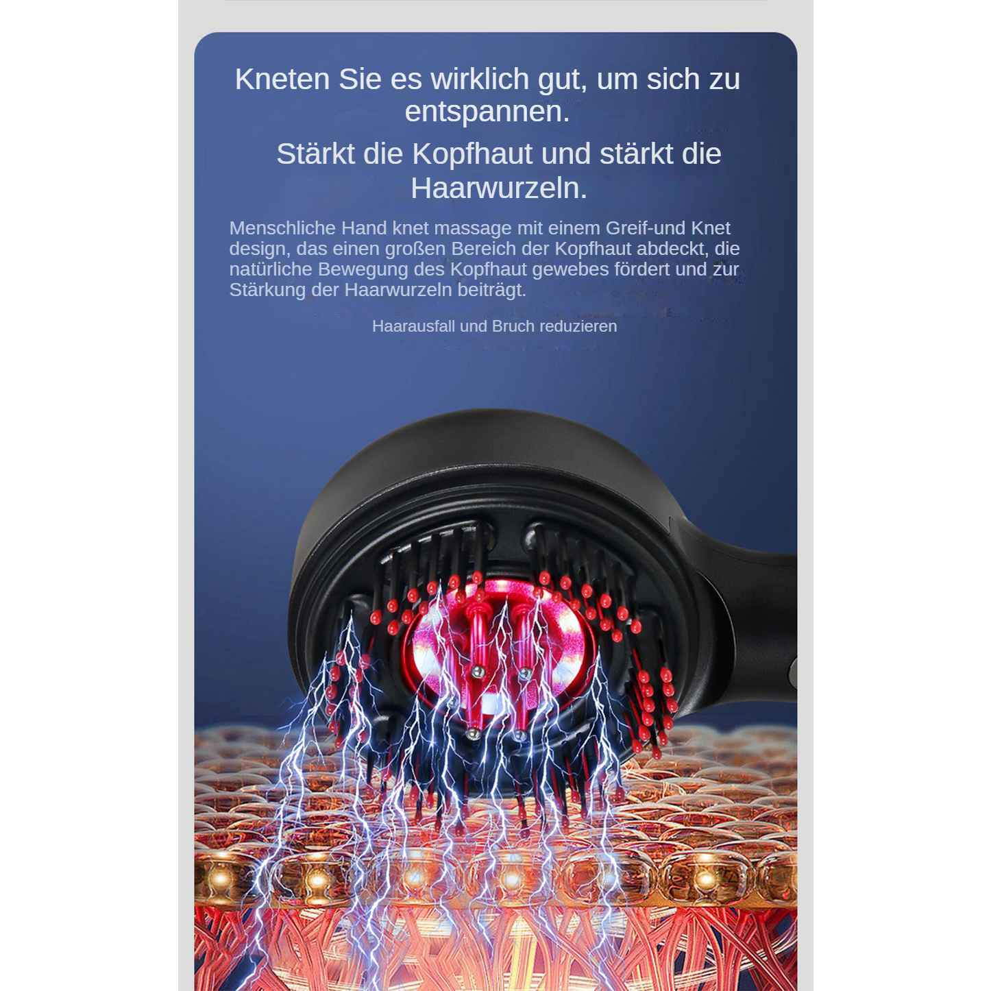 Ein schwarzes Kopfmassagegerät mit roten Lichtern und blauen Energieblitzen über einem Hautmodell.