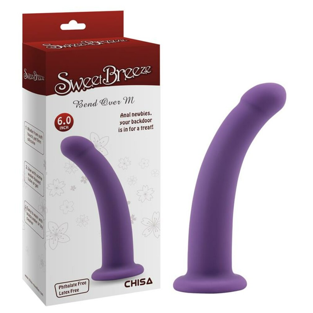 Ein lila geschwungener Silikon-Dildo neben seiner weiß-roten Verpackungsbox mit Text und Blumenmustern.