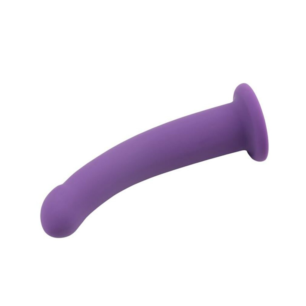 Gebogenes, violettes Silikon-Wellnessobjekt mit Flanschbasis auf weißem Hintergrund.