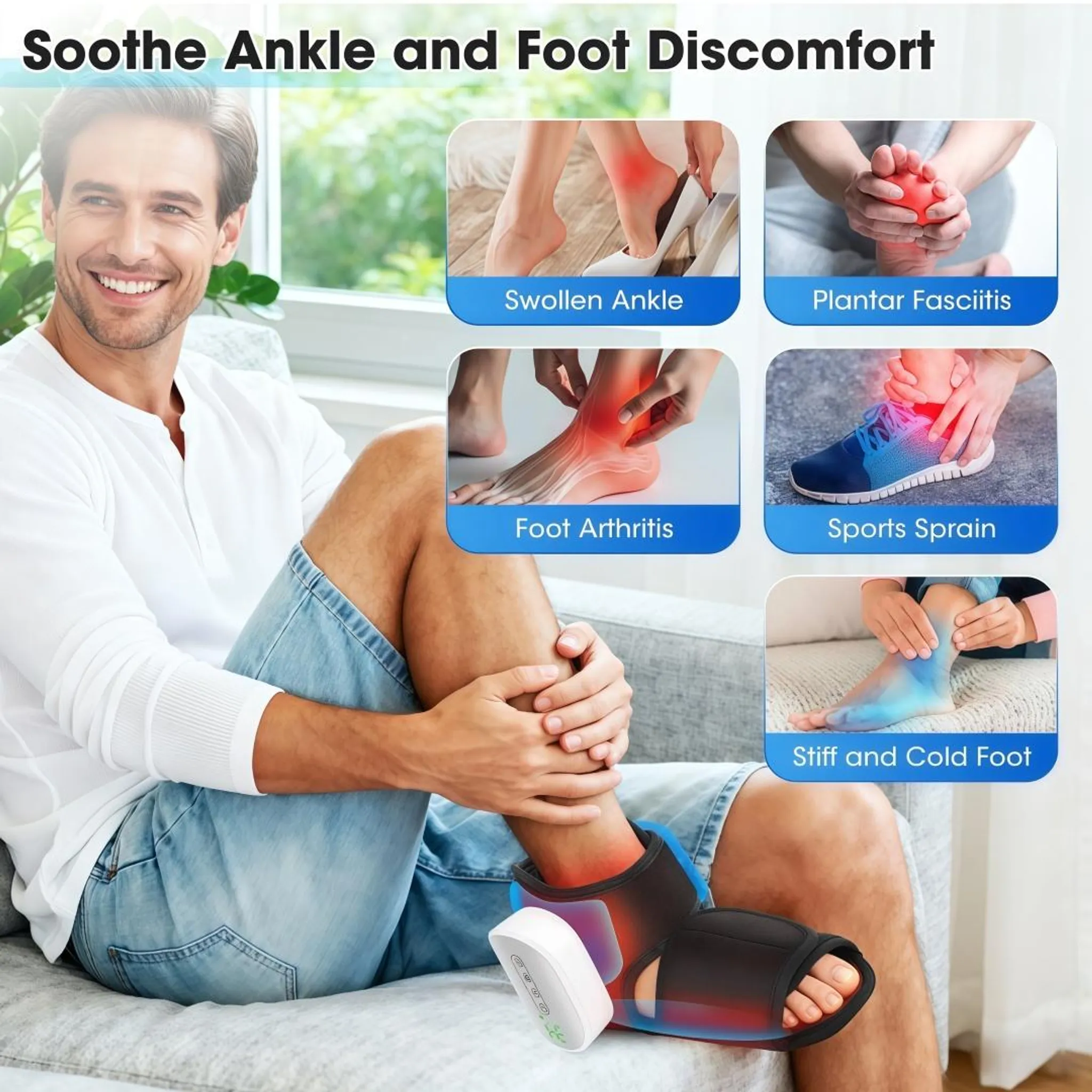Mann sitzt auf Sofa mit Fußmassagegerät und Grafiken zu Fußbeschwerden.