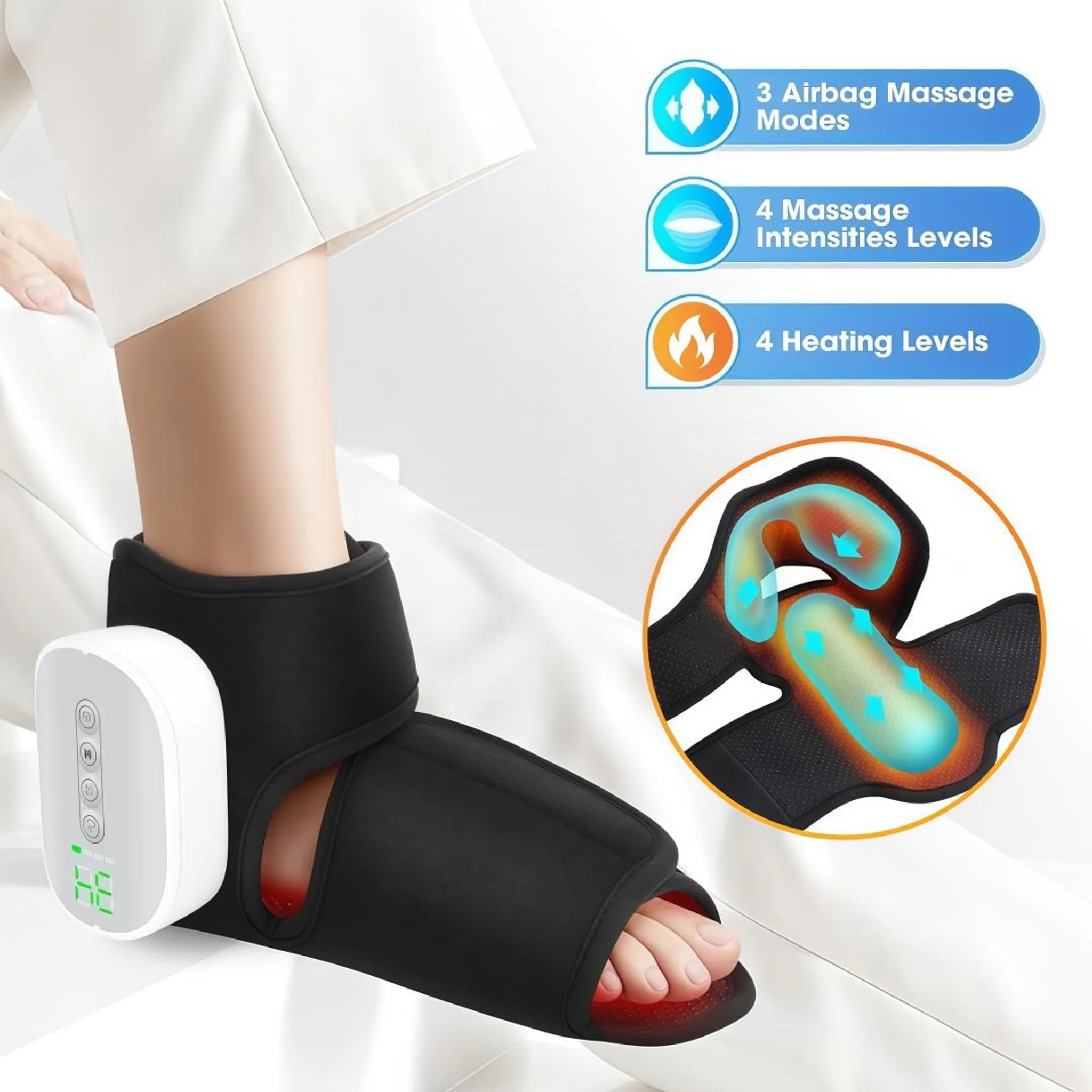 Ein Fuß in einer schwarzen Massagevorrichtung mit weißem Bedienteil und Grafiken zu Modi, Intensität und Heizung.