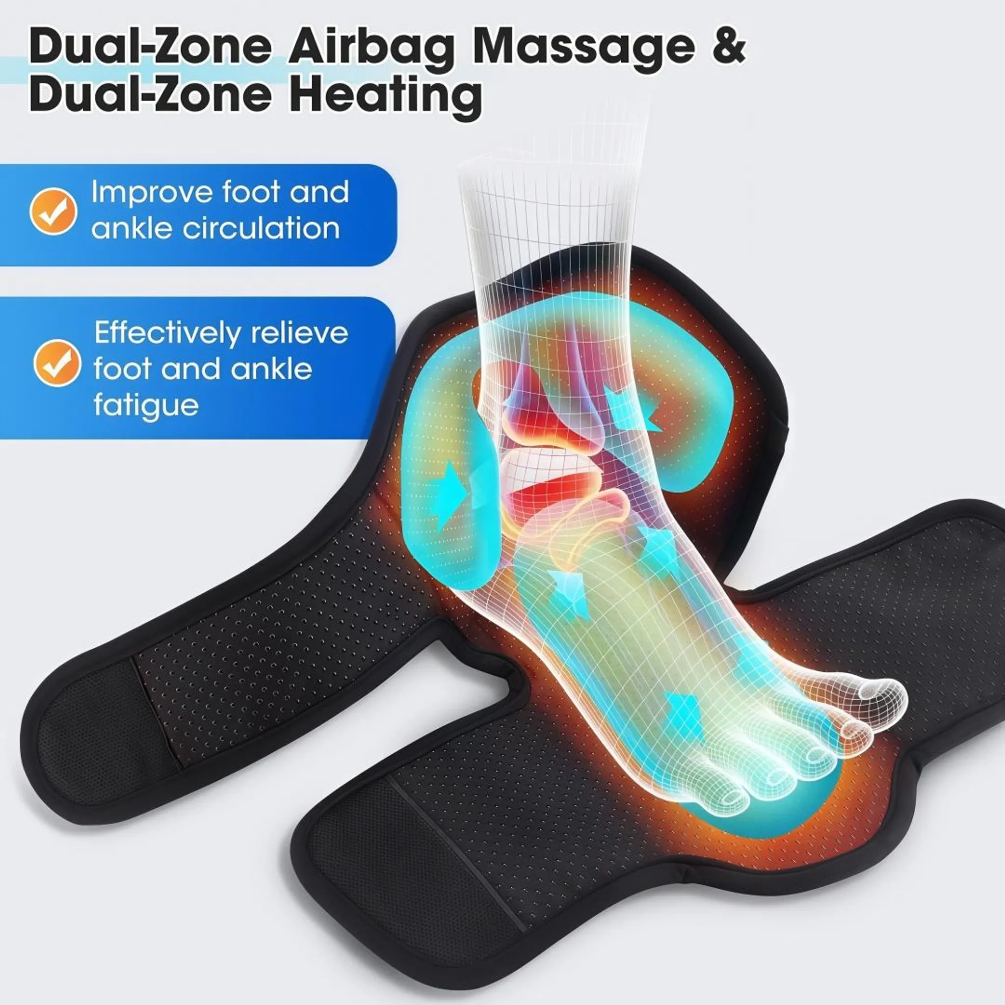 Fußmassagegerät mit Doppelzonen-Luftkissen und Heizung zur Durchblutungsförderung.