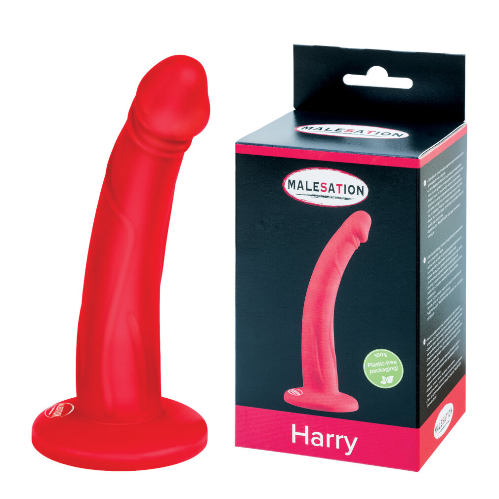 Ein roter Silikondildo mit Saugfuß neben seiner schwarz-pinken Produktverpackung mit der Aufschrift Harry.