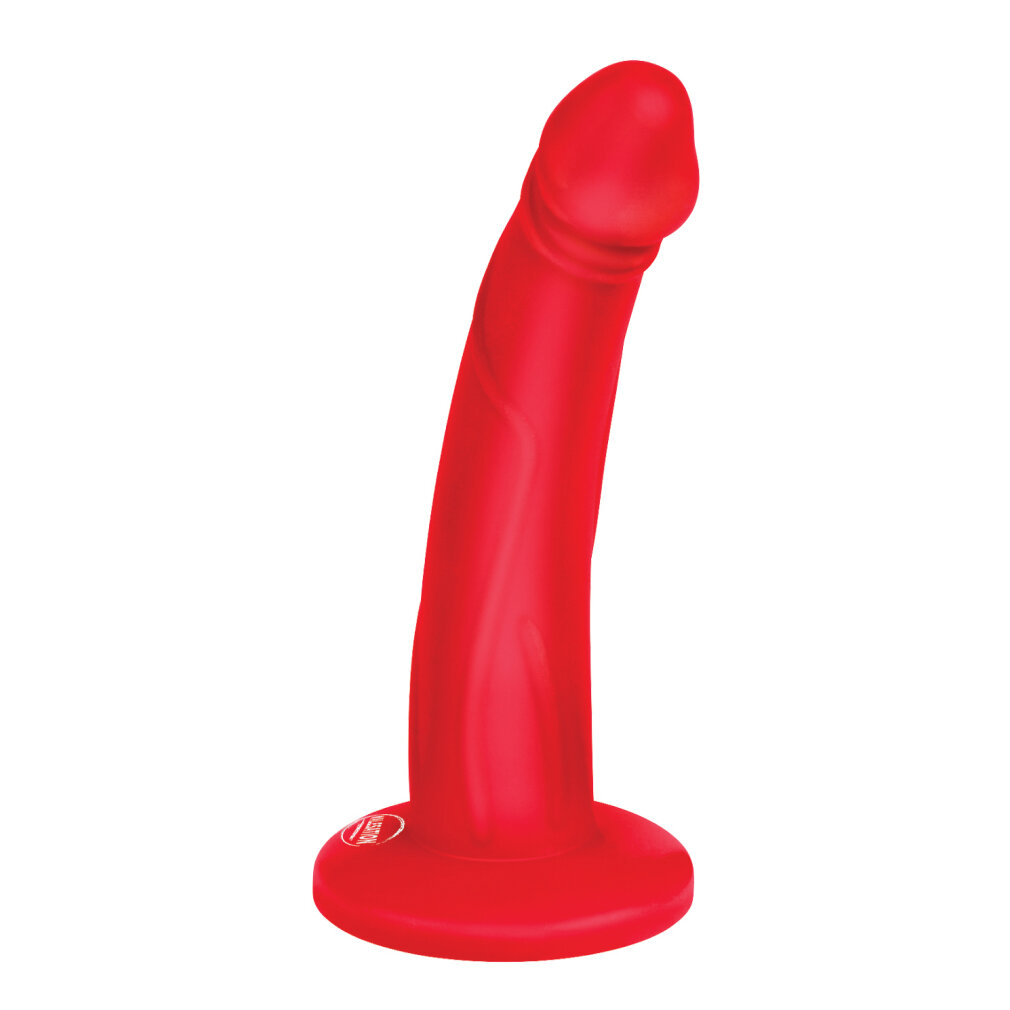 Ein roter, realistisch geformter Dildo mit Saugnapffuß vor weißem Hintergrund.