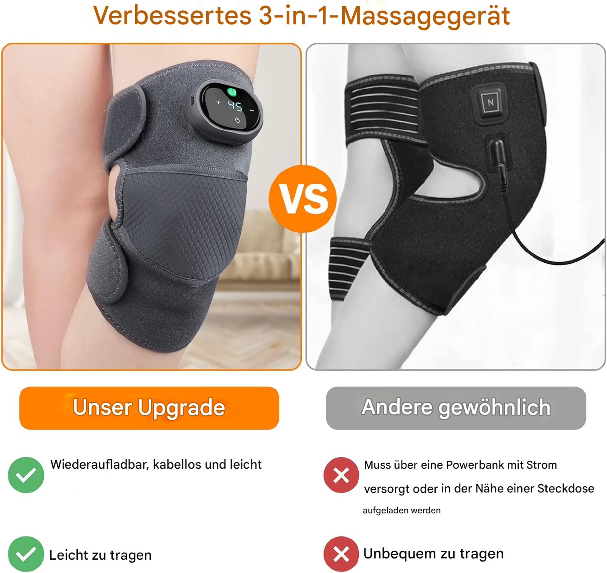 Vergleich eines kabellosen Knie-Massagegeräts mit einem kabelgebundenen Vorgängermodell.