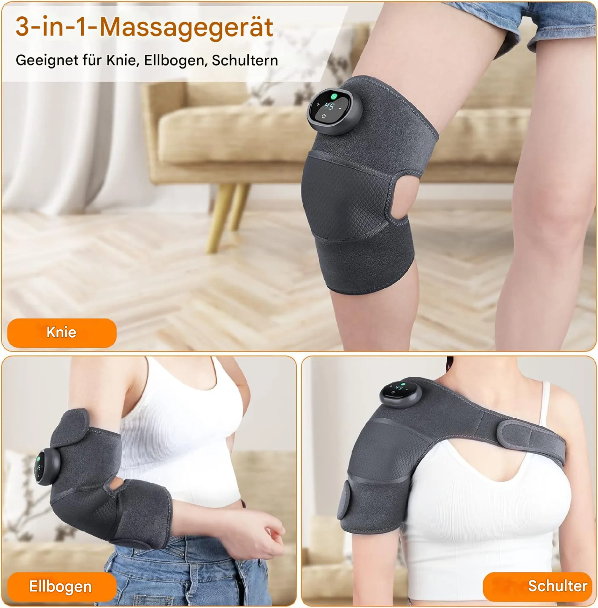 Ein 3-in-1-Massagegerät für Knie, Ellbogen und Schultern, gezeigt an einer Person in drei Bildern.