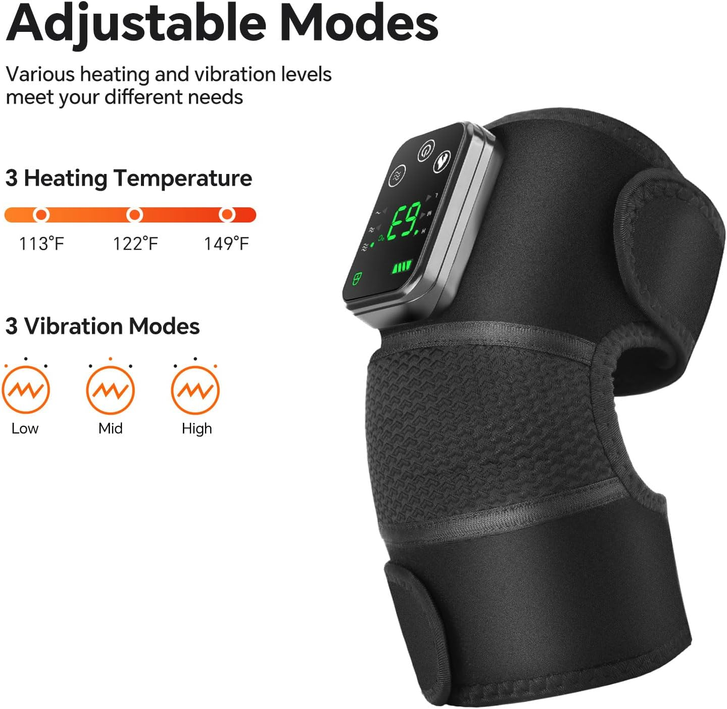 Schwarze Kniebandage mit digitalem Display, drei Heizstufen und drei Vibrationsmodi.