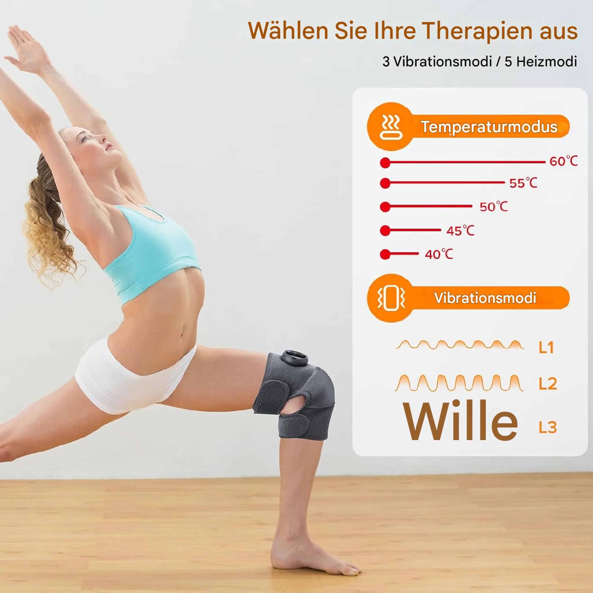 Frau in Sportkleidung macht Yoga mit einer Kniebandage, daneben Grafiken zu Heiz- und Vibrationsstufen.