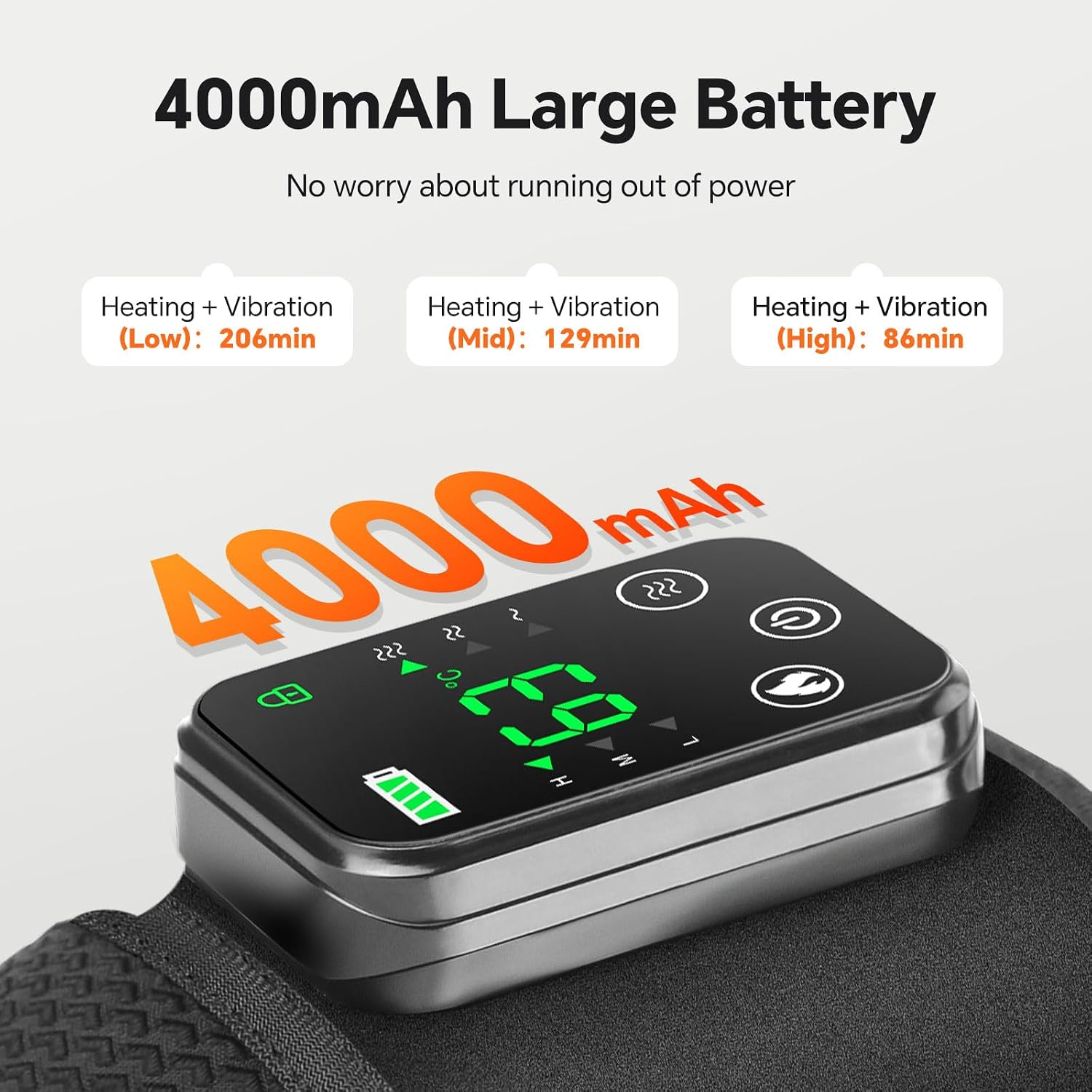 Produktwerbung für 4000mAh Akku mit Heizung und Vibration, verschiedene Stufen und Laufzeiten.