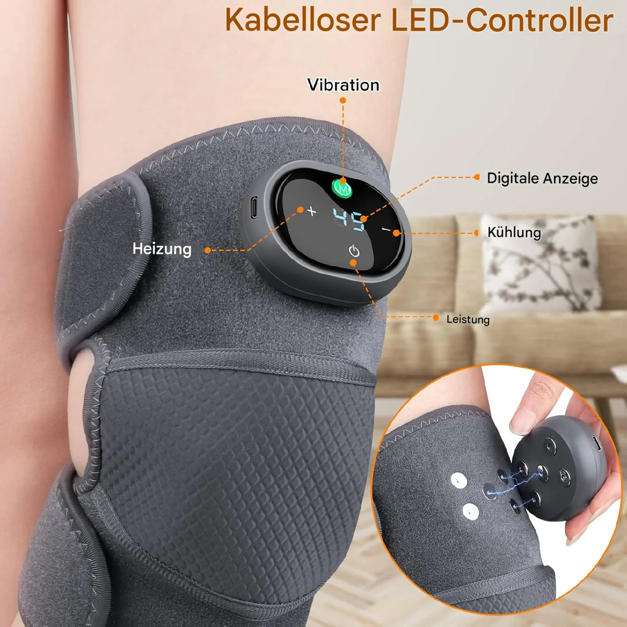 Graue Kniebandage mit kabellosem LED-Controller und Funktionen für Heizung, Kühlung und Vibration.