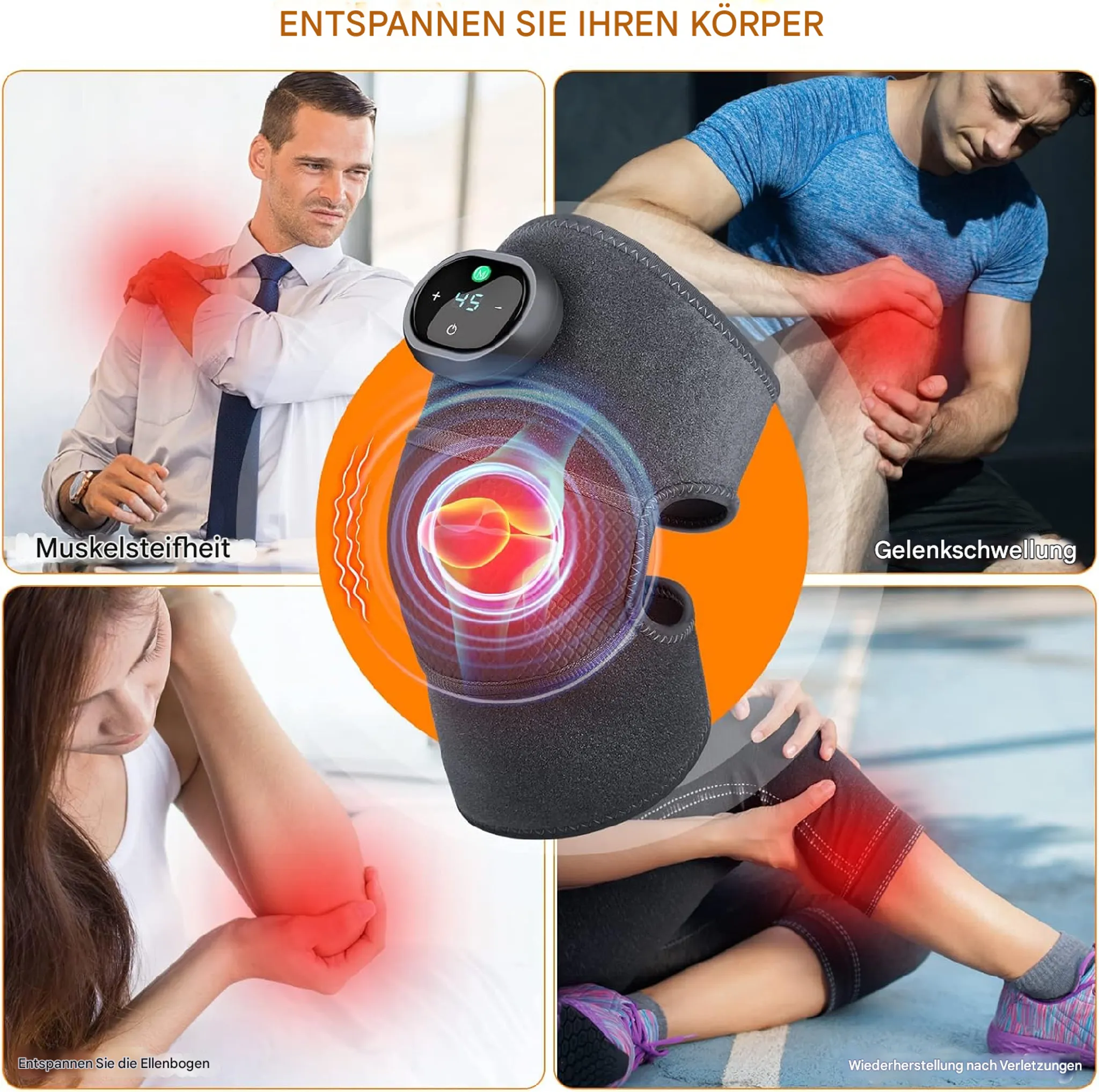 Eine Kniebandage mit Wärmefunktion und vier Personen mit Schmerzen an Schulter, Knie und Ellenbogen.