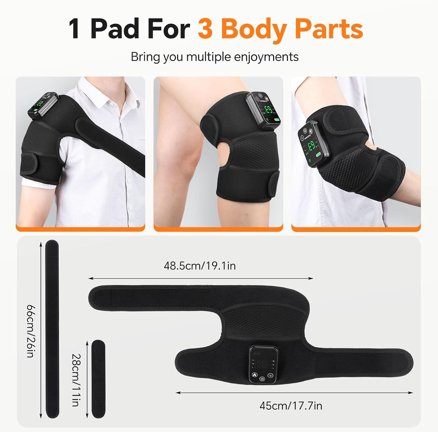 Ein schwarzes Mehrzweck-Heizkissen mit Controller an Schulter, Knie und Arm mit Maßen.