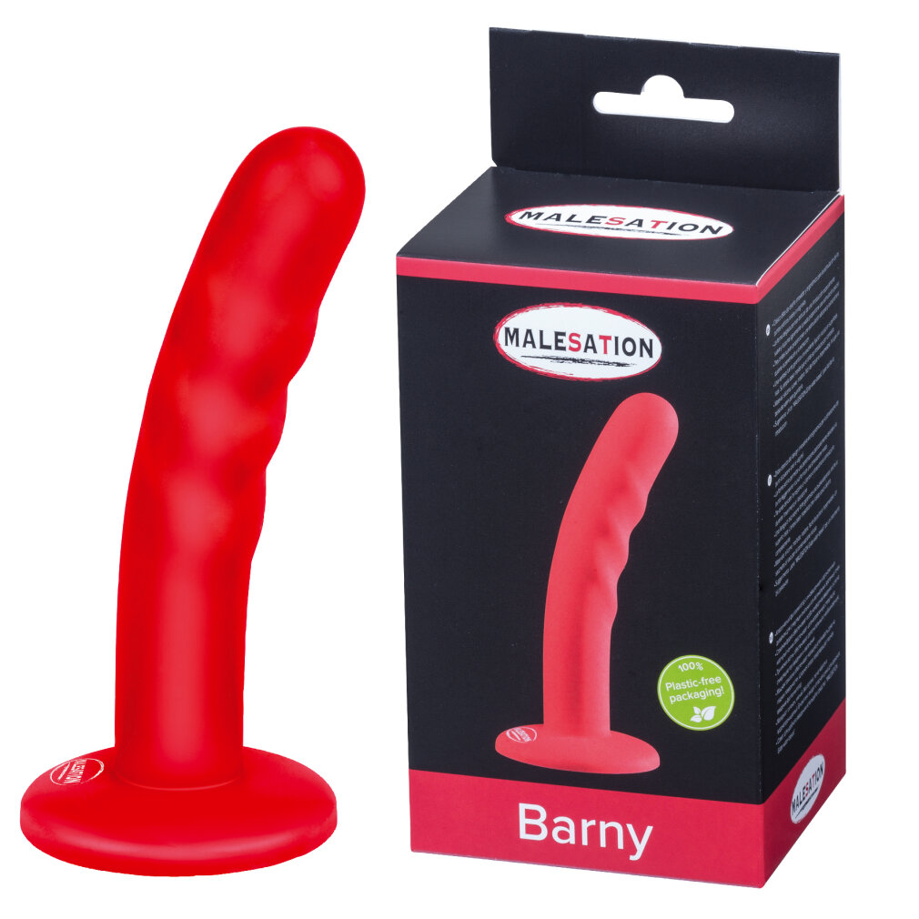 Ein rotes, geschwungenes Silikon-Sexspielzeug steht neben seiner schwarz-pinken Malesation Barny Verpackung.