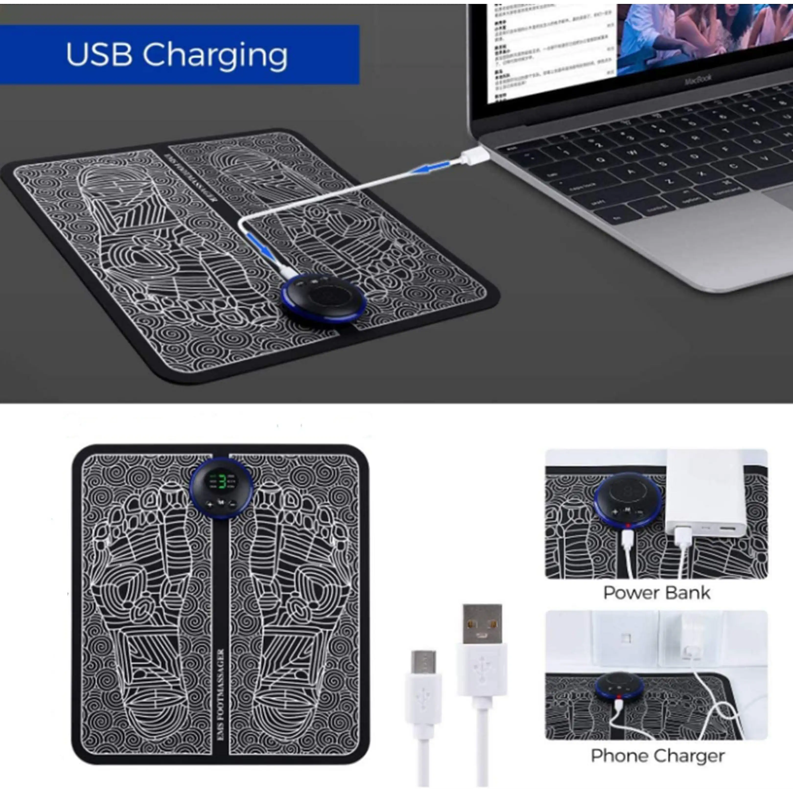 EMS-Fußmassagegerät mit USB-Ladefunktion und Steuergerät, verbunden mit Laptop oder Netzteil.