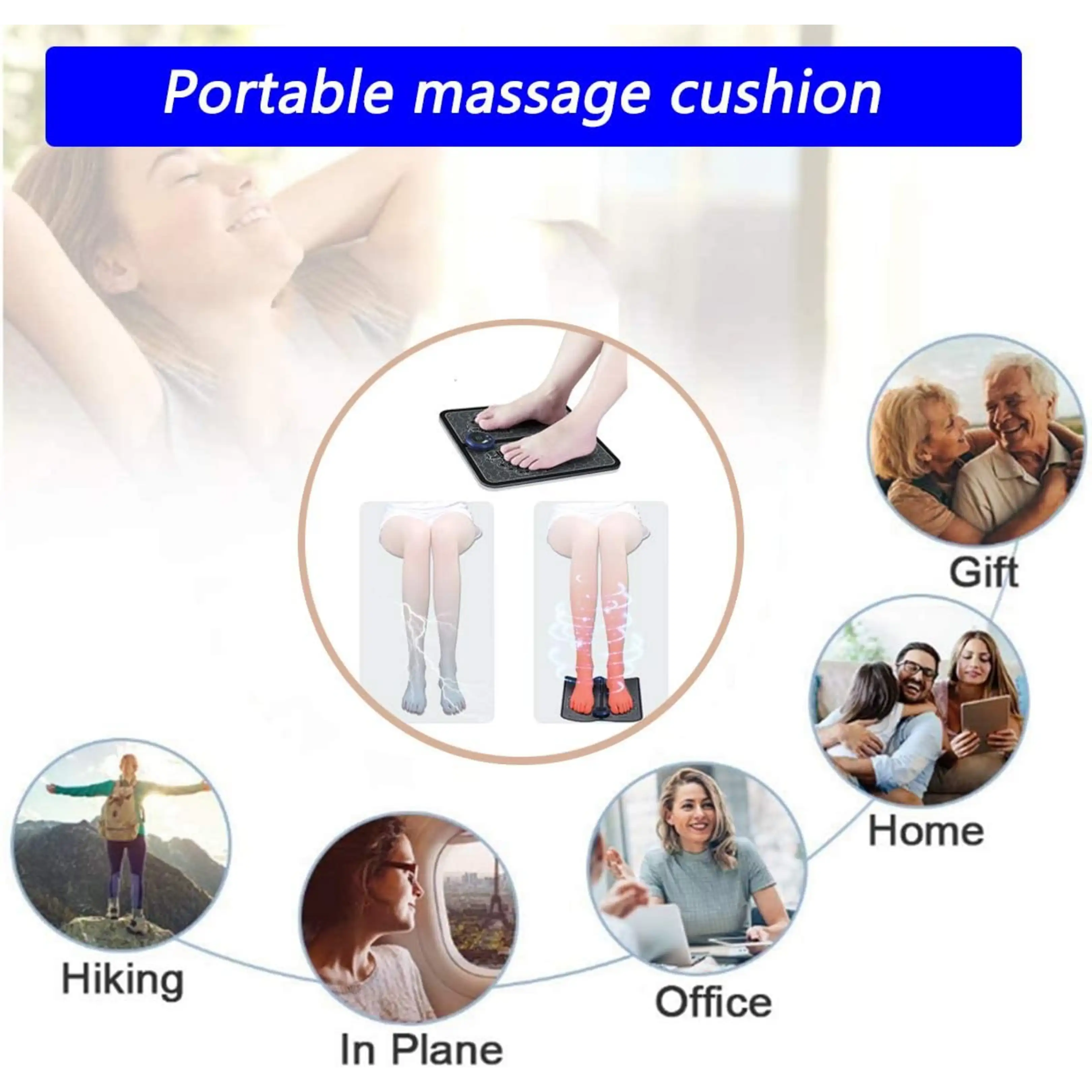 Produktwerbung für ein tragbares Massagekissen mit verschiedenen Anwendungsbeispielen wie Wandern, Büro und zu Hause.