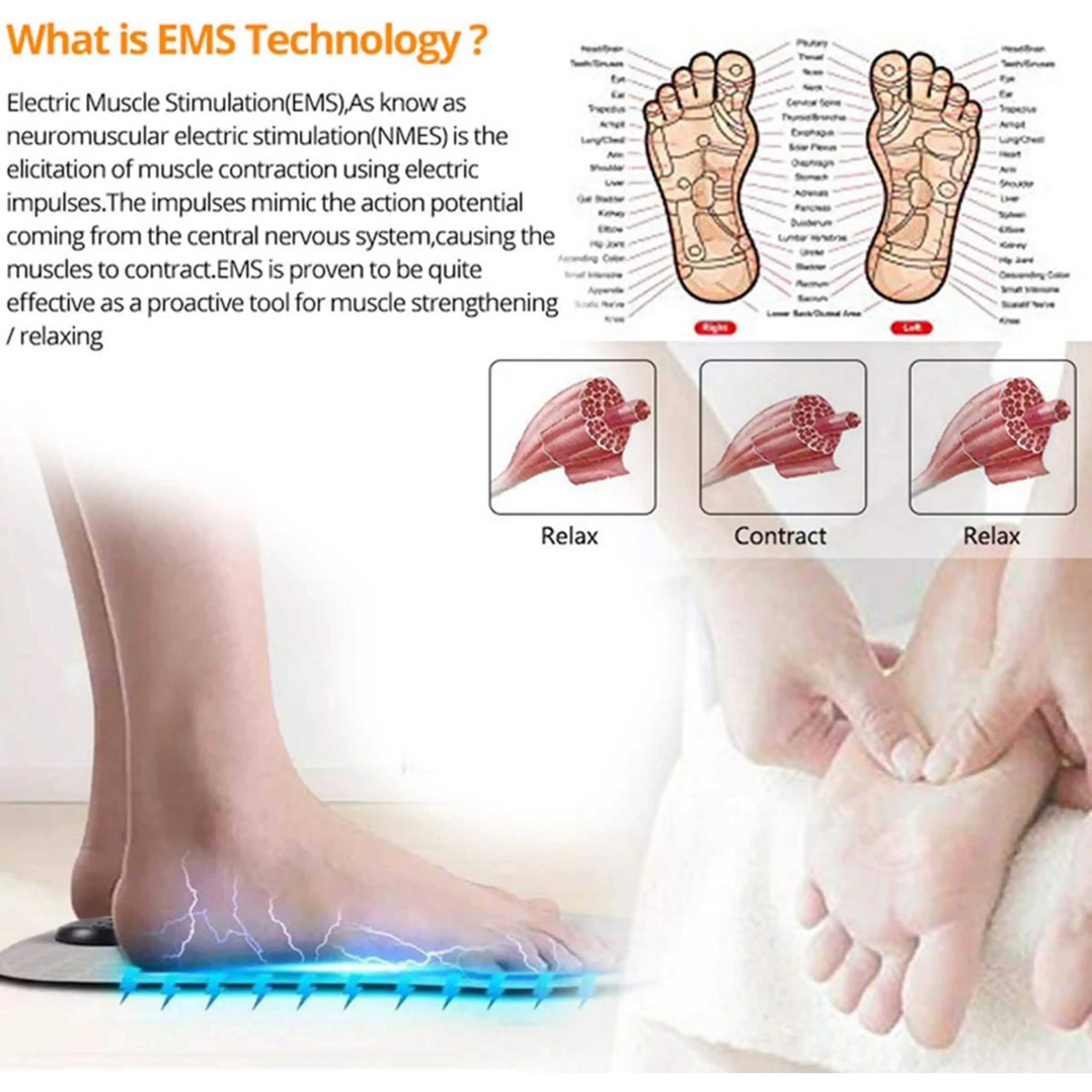 Diagramm und Fotos erklären EMS-Technologie mit Fußreflexzonen und Muskelkontraktion.