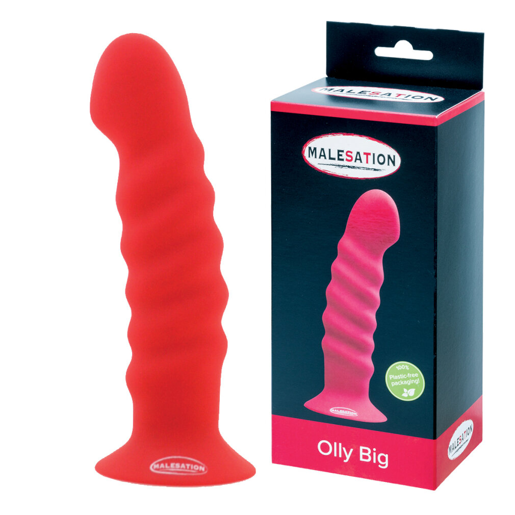 Ein rotes, strukturiertes Sexspielzeug mit Saugnapf steht neben seiner schwarz-pinken Verpackung.