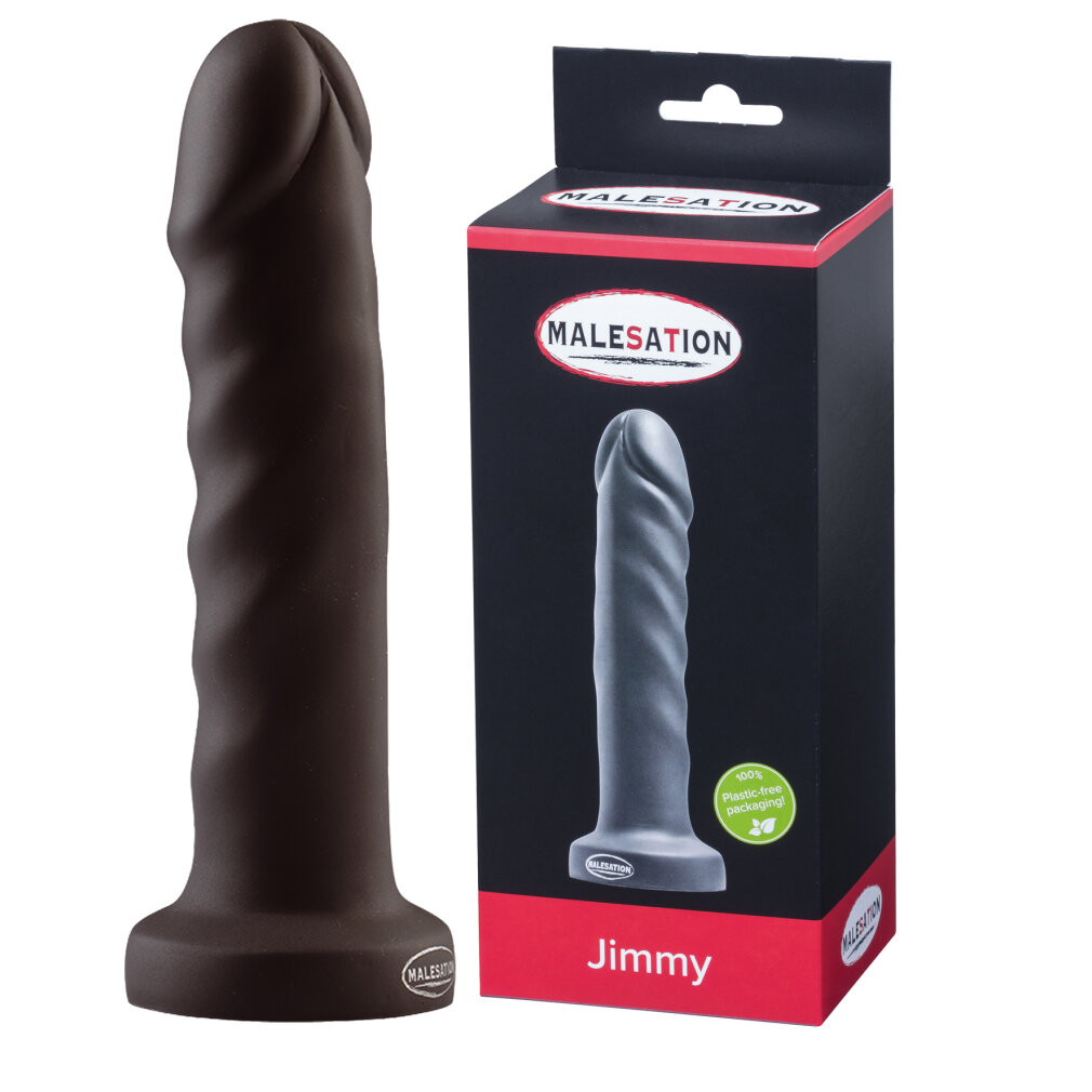 Ein dunkelbrauner, strukturierter Dildo steht neben seiner schwarzen und roten Produktverpackung mit der Aufschrift Jimmy.