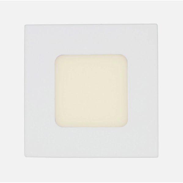 Luz de techo empacada blanca cuadrada con un centro iluminado cálido sobre fondo gris claro.