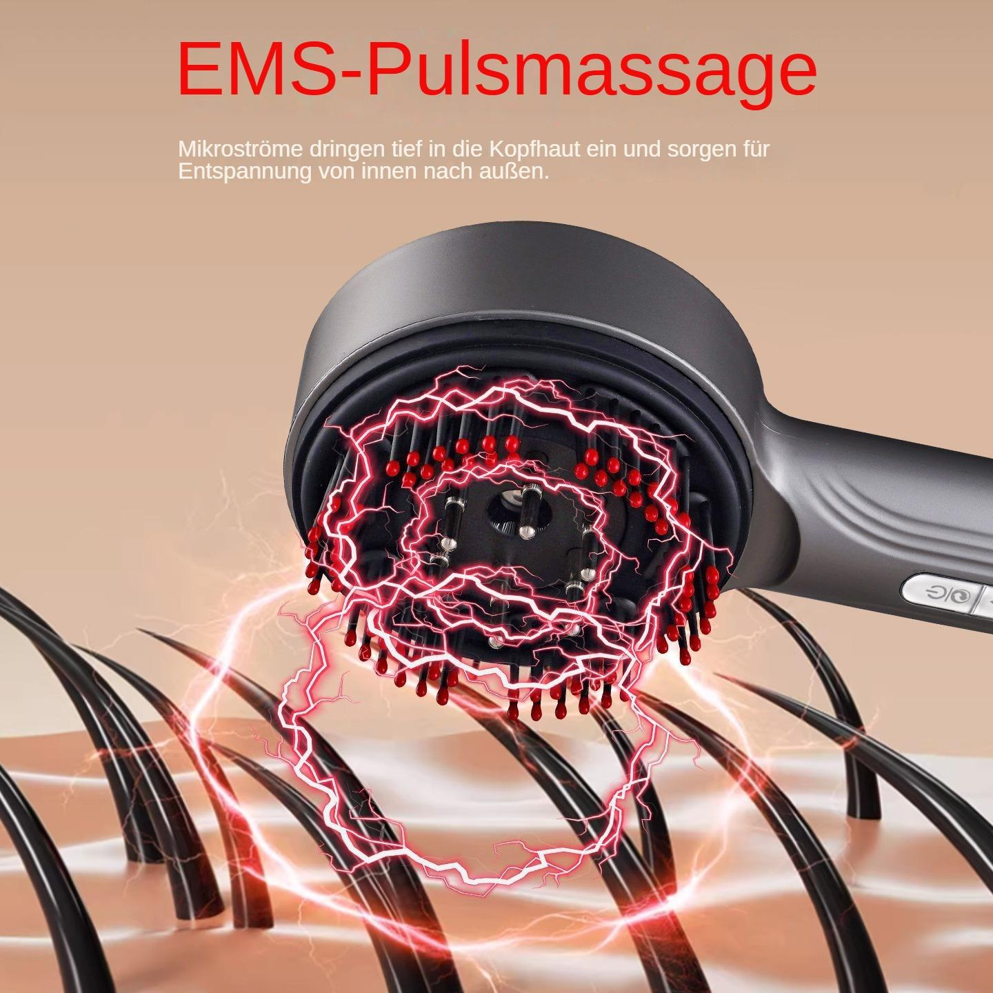 Ein EMS-Kopfmassagegerät sendet rote Stromimpulse über stilisierte schwarze Haare.