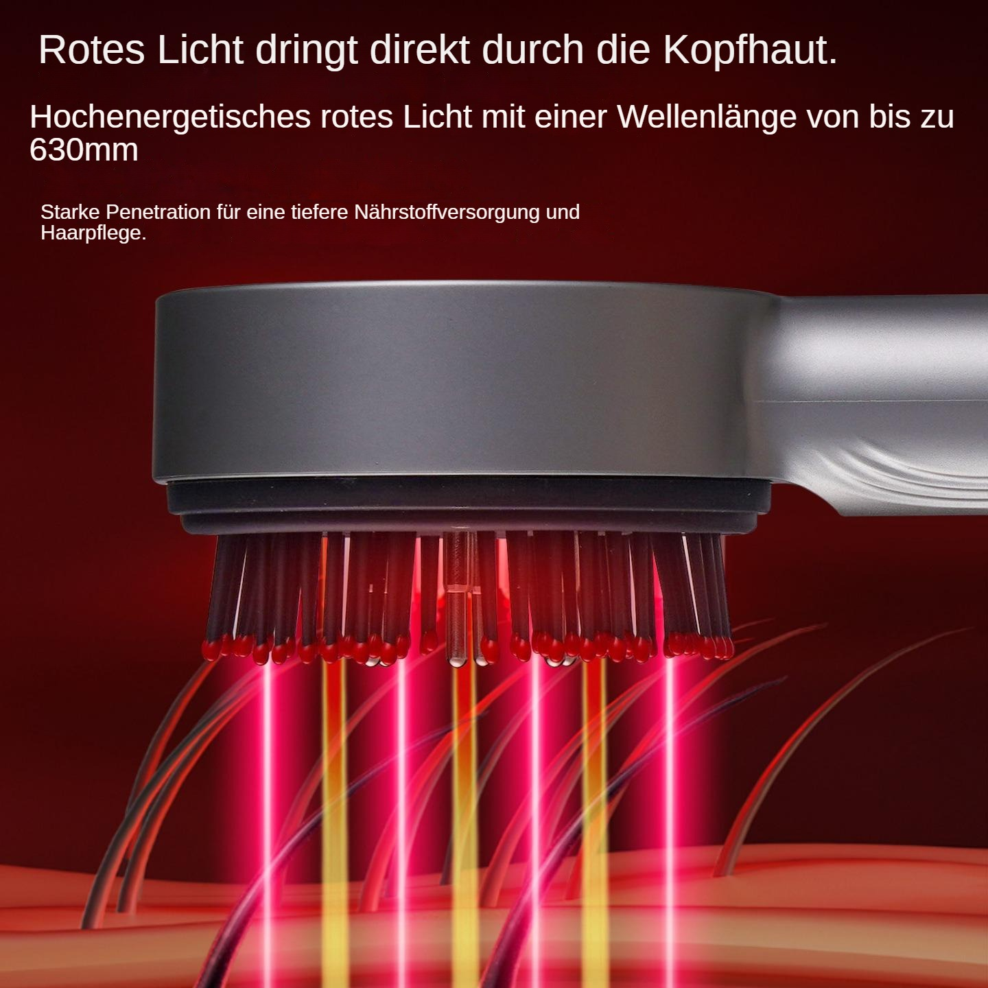 Ein Haarbürstengerät sendet rotes Licht durch die Kopfhaut für Haarpflege.