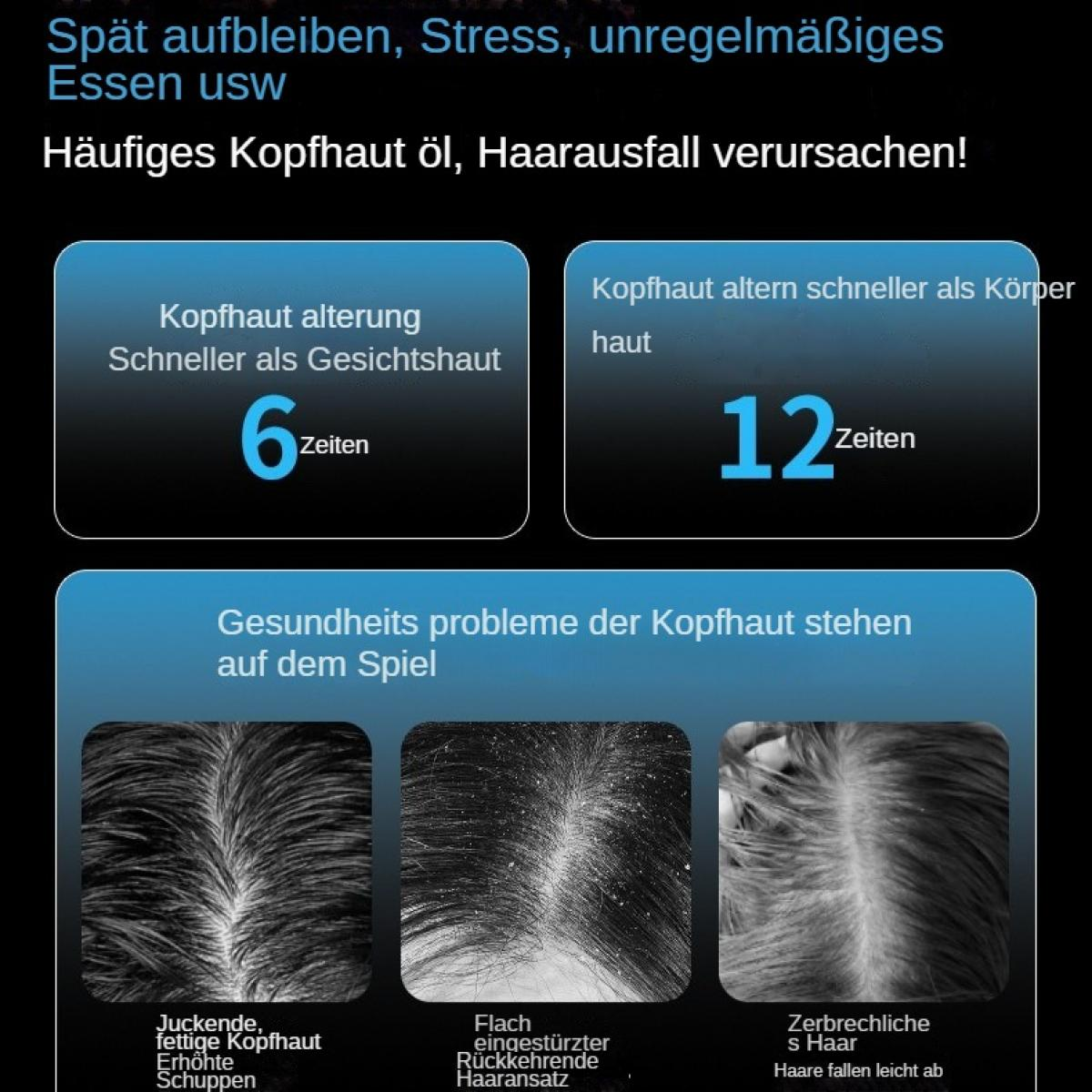 Infografik über Kopfhautalterung, Haarausfall und Gesundheitsprobleme mit drei Bildern.