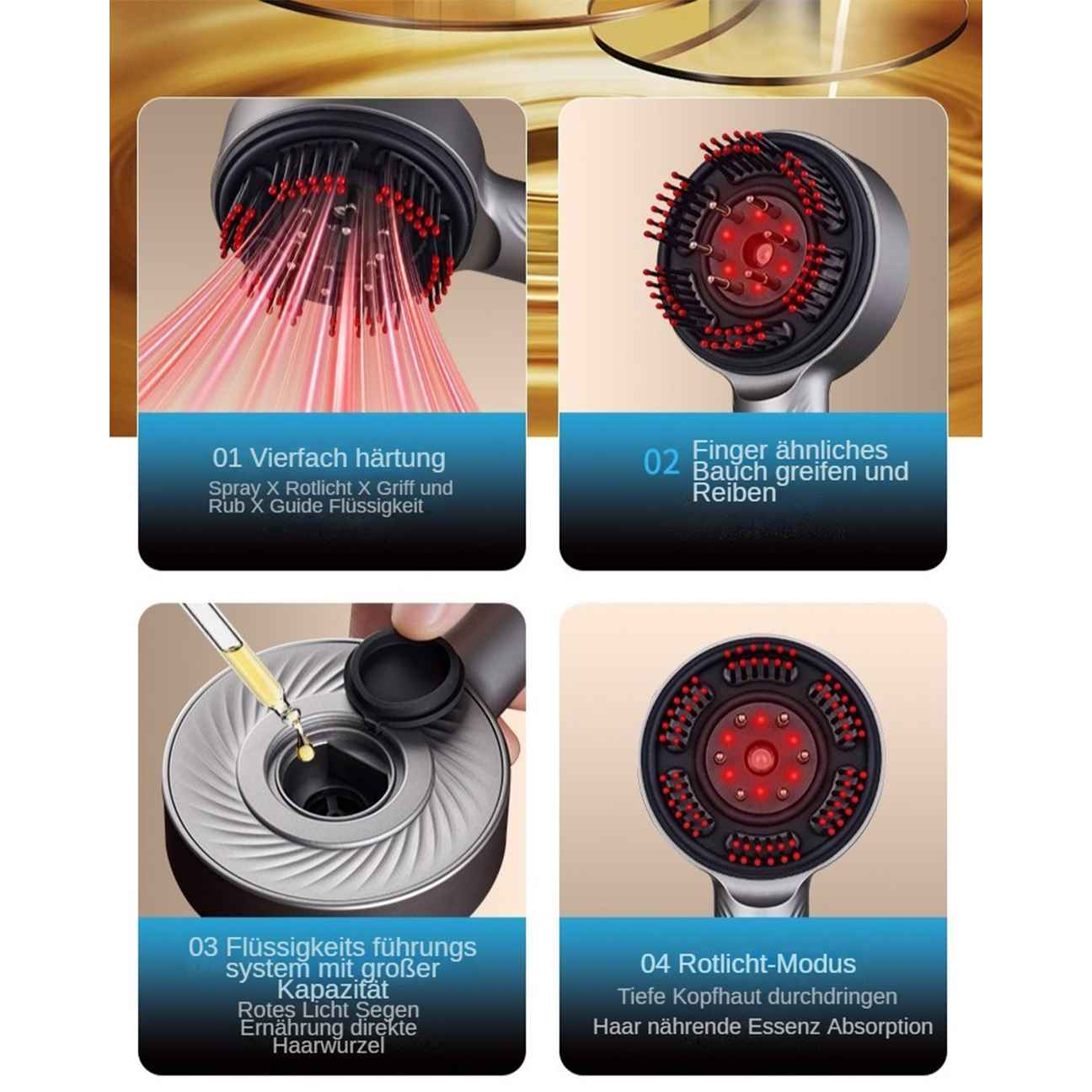 Vier Bilder zeigen die Funktionen eines Kopfhautmassagers mit Rotlicht und Flüssigkeitszufuhr.