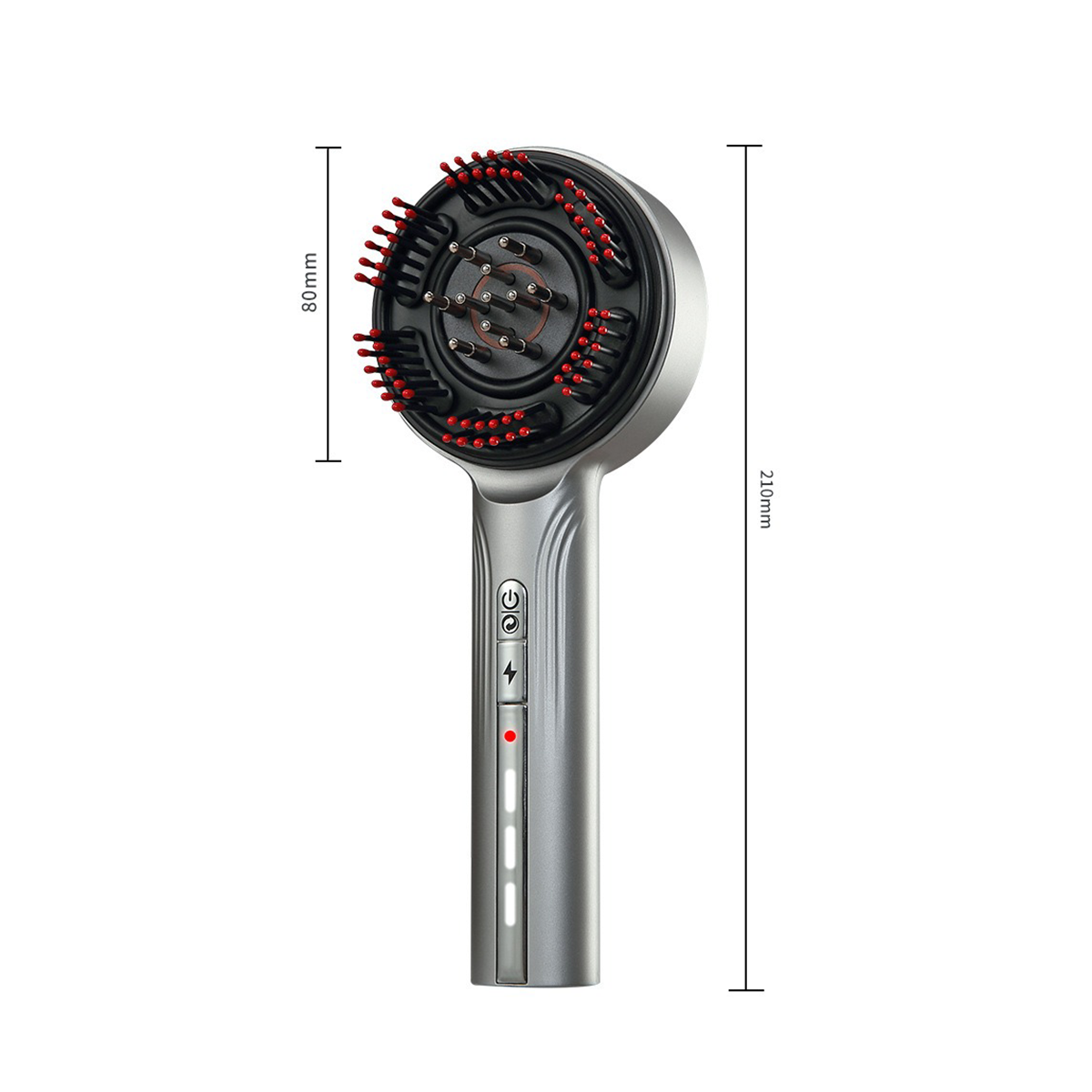 Grauer Haartrockner mit runder Bürste und LED-Anzeigen, Maße 80mm und 210mm.