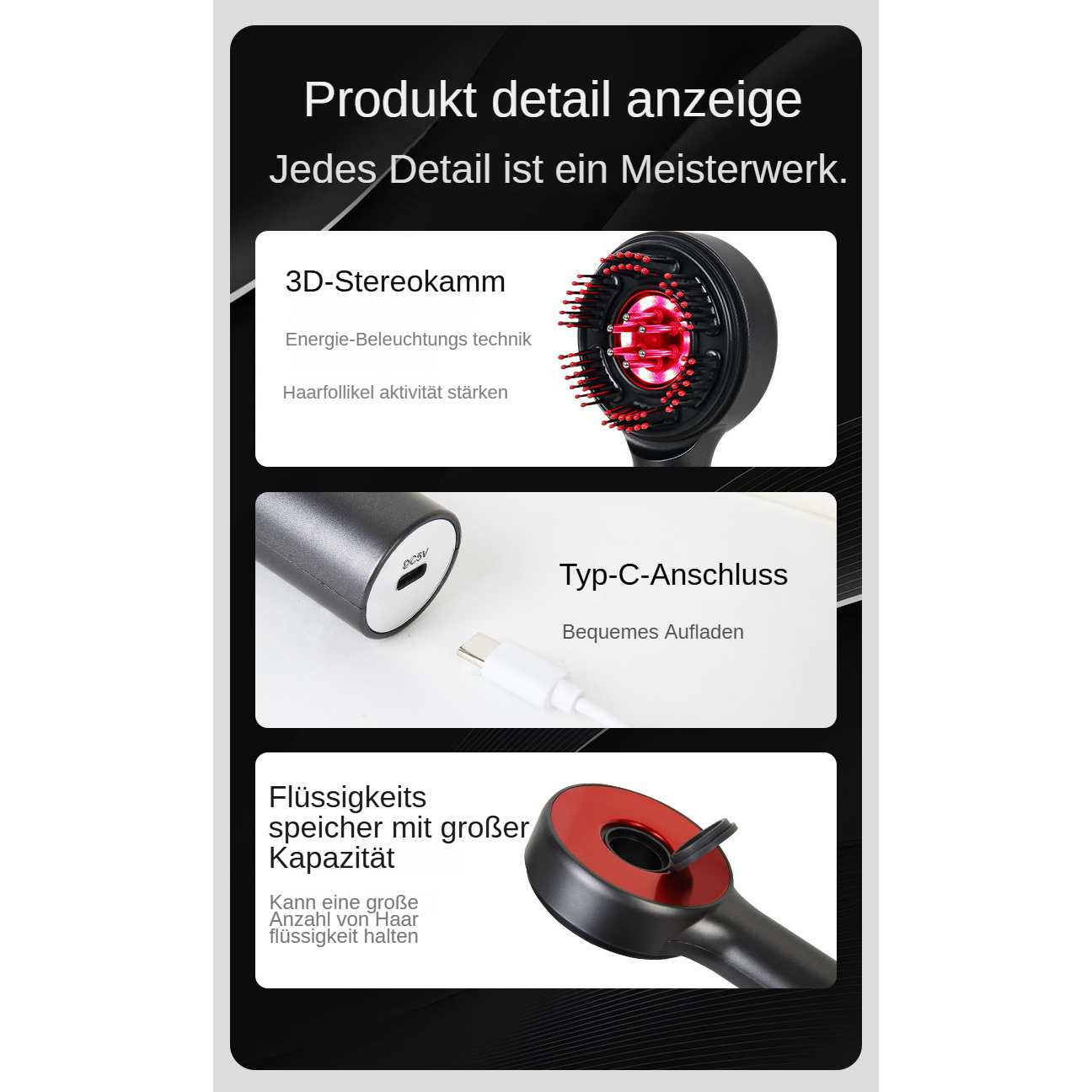 Infografik zeigt 3D-Stereokamm, Typ-C-Anschluss und großen Flüssigkeitsspeicher mit deutschen Beschriftungen.