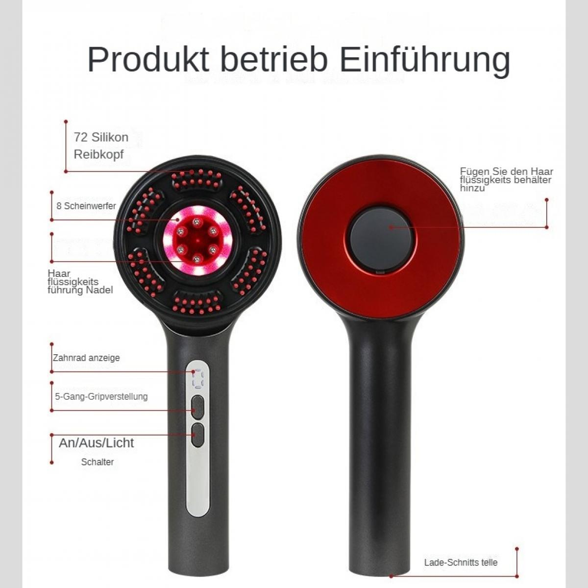 Diagramm eines Haarpflegegeräts mit roten Lichtern und Silikonnoppen, zeigt Funktionen und Teile auf Deutsch.