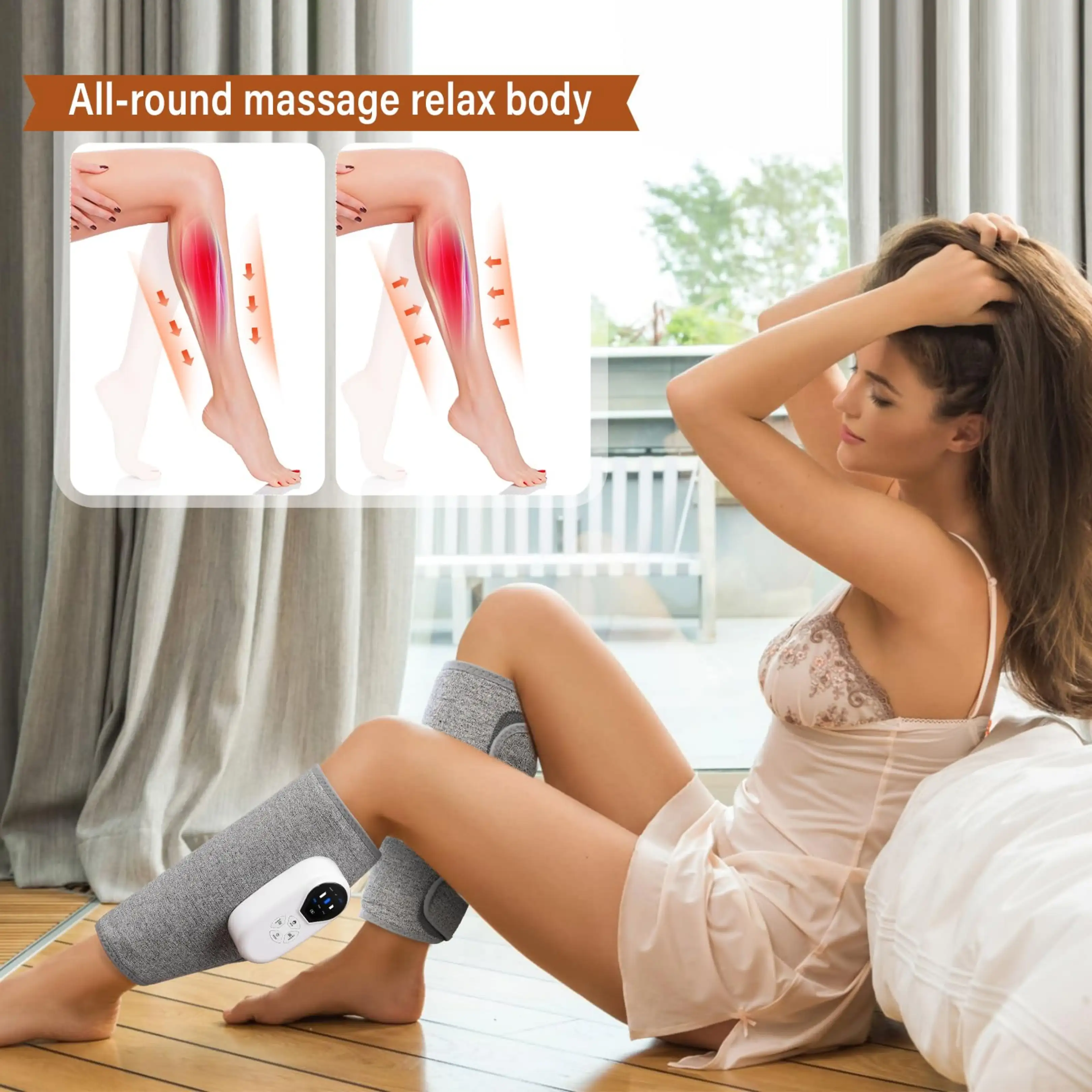 Eine Frau im Nachthemd trägt Beinmassagegeräte, mit Inlays, die eine Massage an den Waden zeigen.