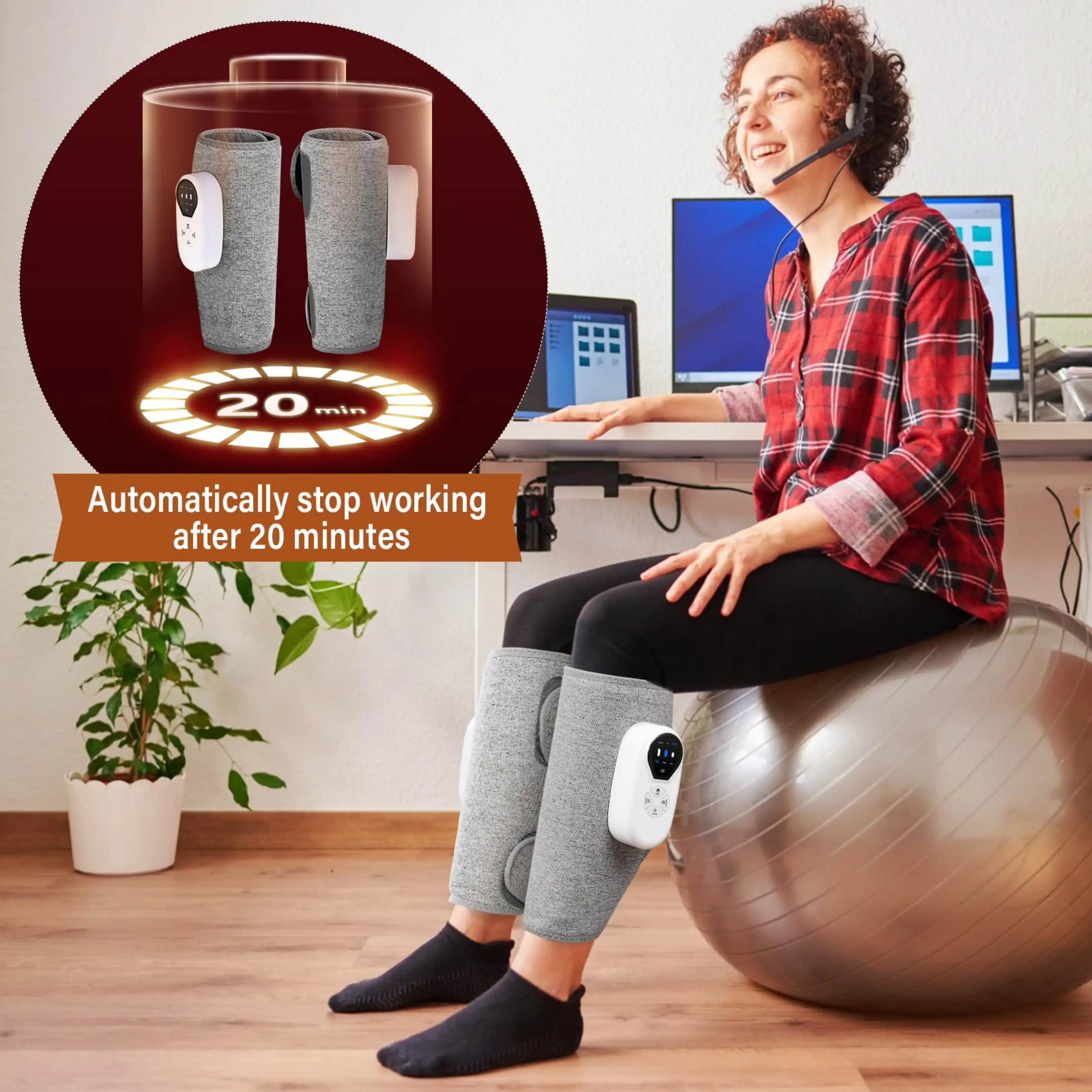 Eine Frau in Rot sitzt auf einem Gymnastikball und trägt graue Beinmassagegeräte mit 20-Minuten-Autostopp.