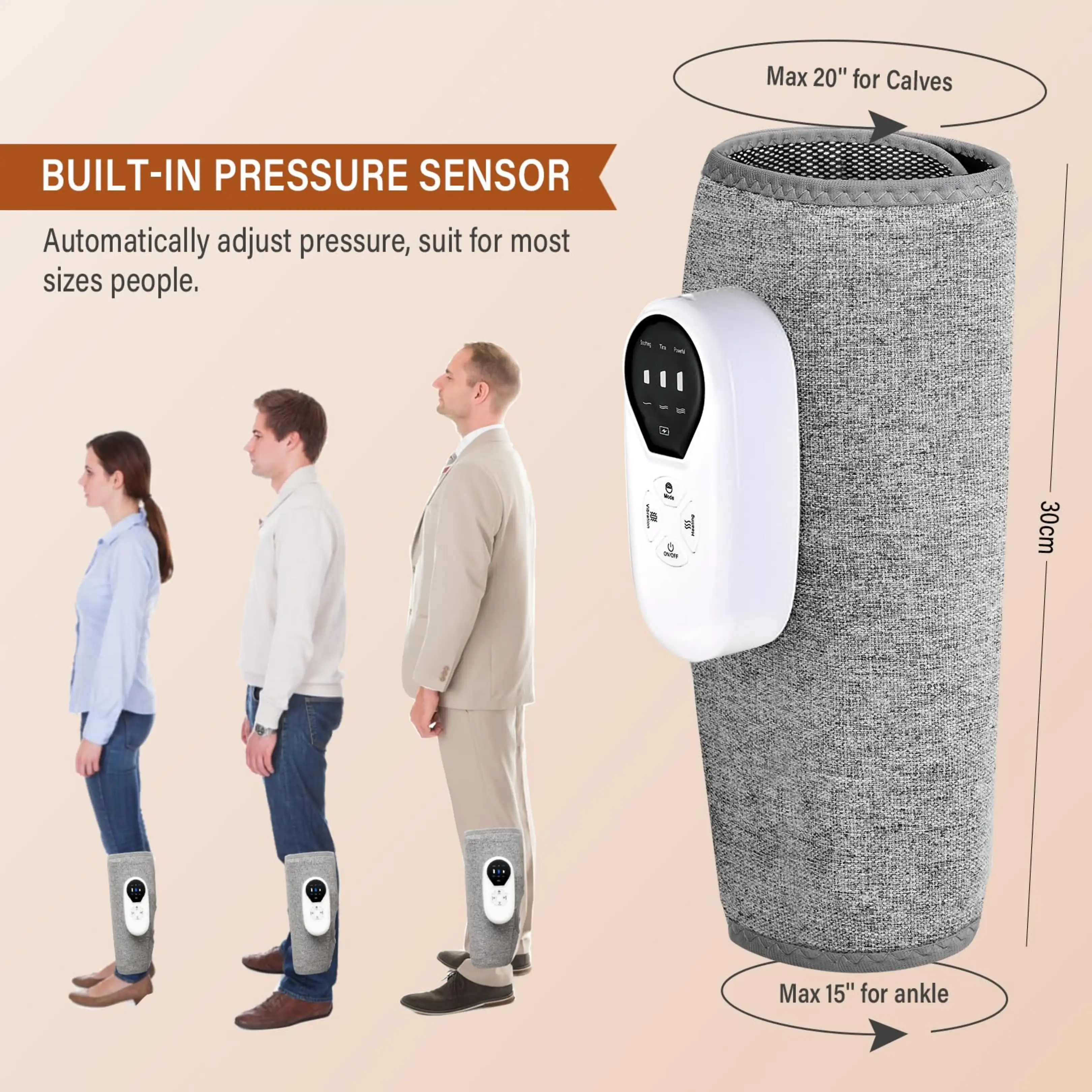 Graue Beinstulpe mit Drucksensor, Größenangaben und drei Personen, die sie tragen.
