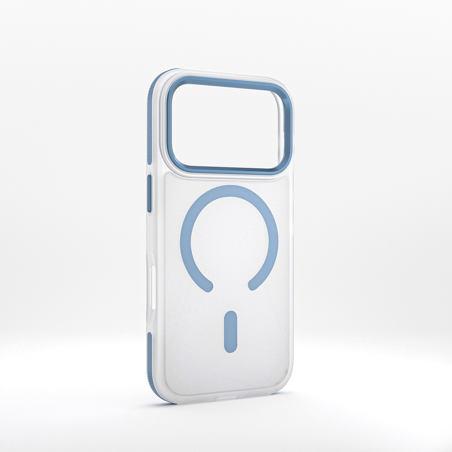 Eine weiße und blaue Smartphone-Schutzhülle mit einem kreisförmigen Magnetring auf der Rückseite vor weißem Hintergrund.