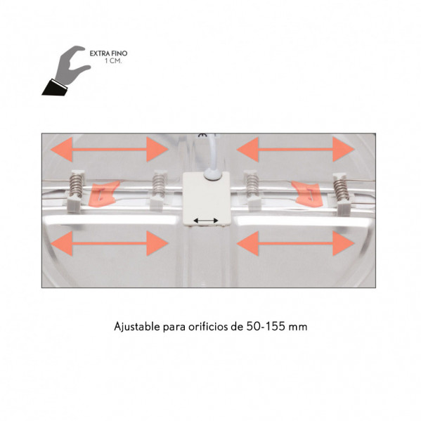 Diagrama que muestra clips de resorte ajustables en una luminaria delgada para orificios de 50-155 mm.
