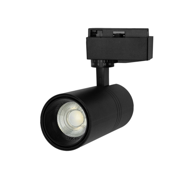 Un foco LED negro con cabezal cilíndrico y adaptador de carril sobre fondo blanco.