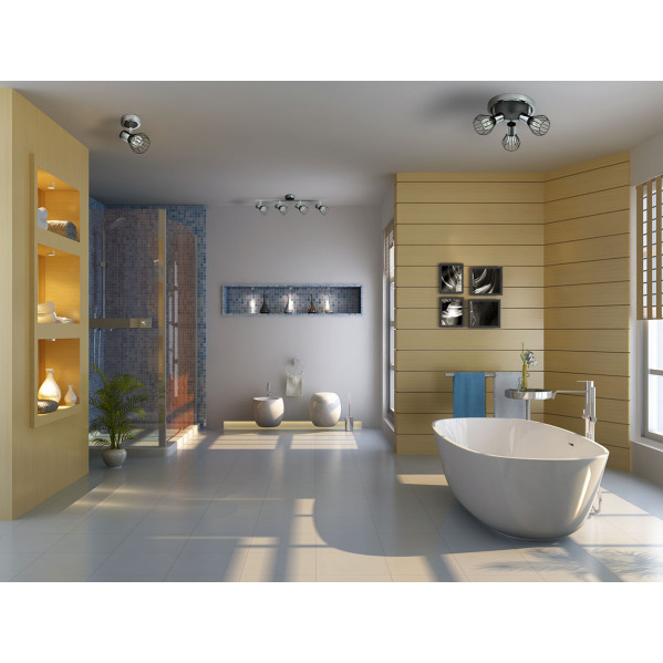 Un baño moderno cuenta con una bañera blanca, ducha de vidrio, paredes de madera y luces empotradas.