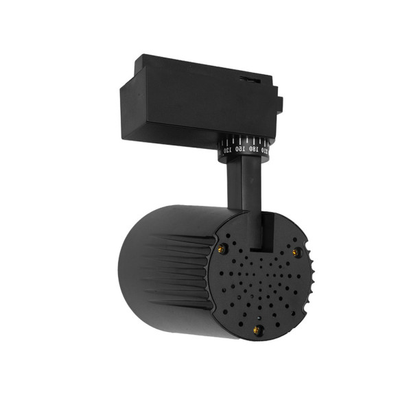 Una lámpara de carril LED ajustable negra sobre un fondo blanco.
