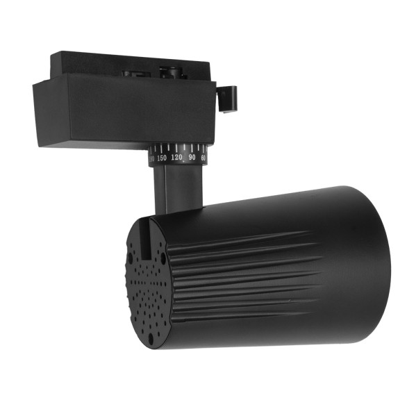 Foco LED negro para carril con adaptador y escala numérica sobre fondo blanco.
