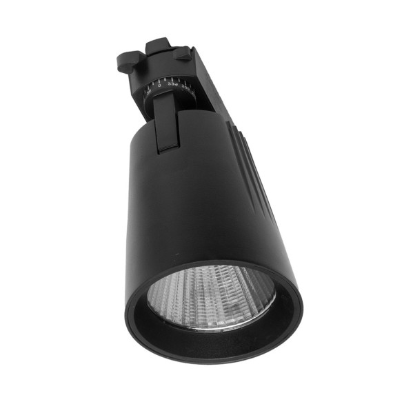 Un foco LED negro con carcasa cilíndrica y soporte de riel integrado.