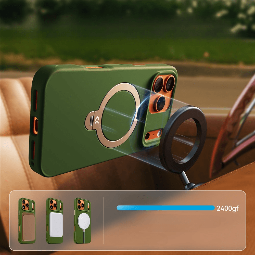 Eine grüne Handyhülle haftet magnetisch an einer Autohalterung mit Kraftdiagramm.