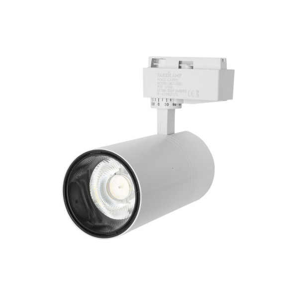 Una lámpara de carril LED cilíndrica blanca con una base ajustable sobre un fondo blanco liso.