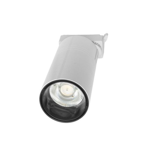 Un foco LED cilíndrico y blanco con un borde negro sobre fondo blanco.