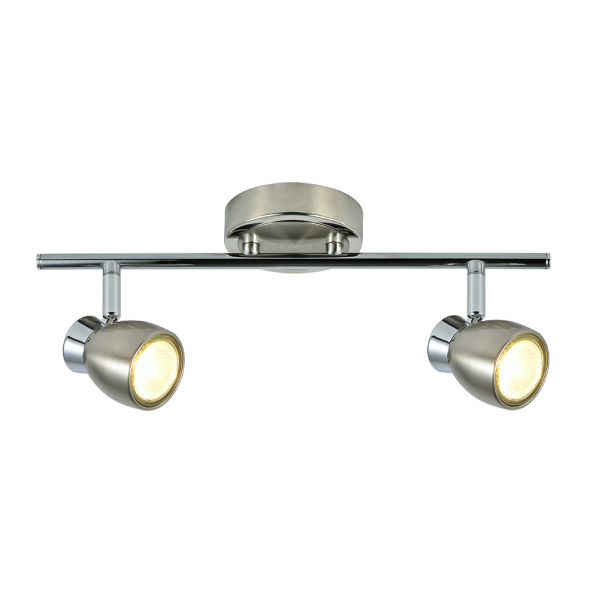 Lámpara de techo de metal moderna con dos focos ajustables que emiten luz cálida.
