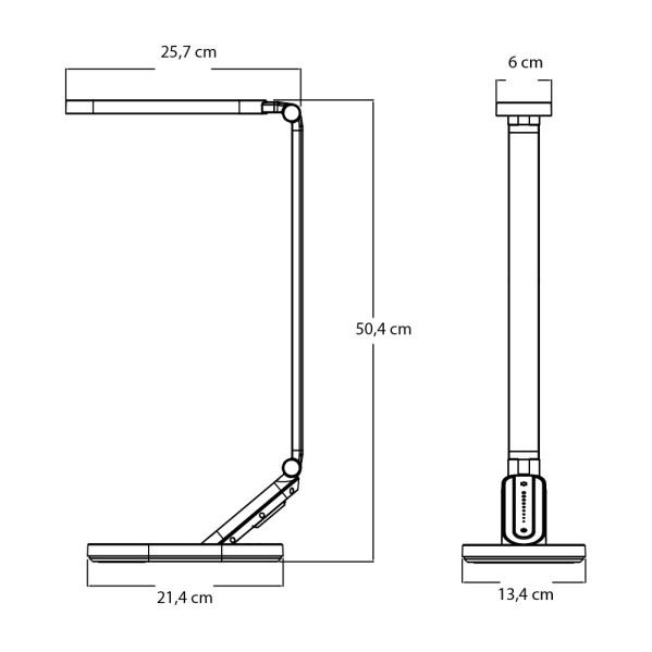 Dibujo técnico de una lámpara de escritorio moderna con dimensiones en centímetros.