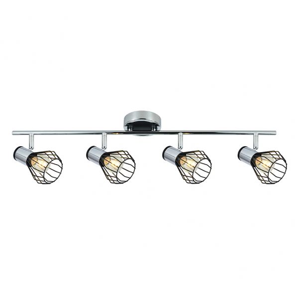 Una barra de luz de techo cromada con cuatro focos ajustables, jaulas de alambre negro y bombillas brillantes.